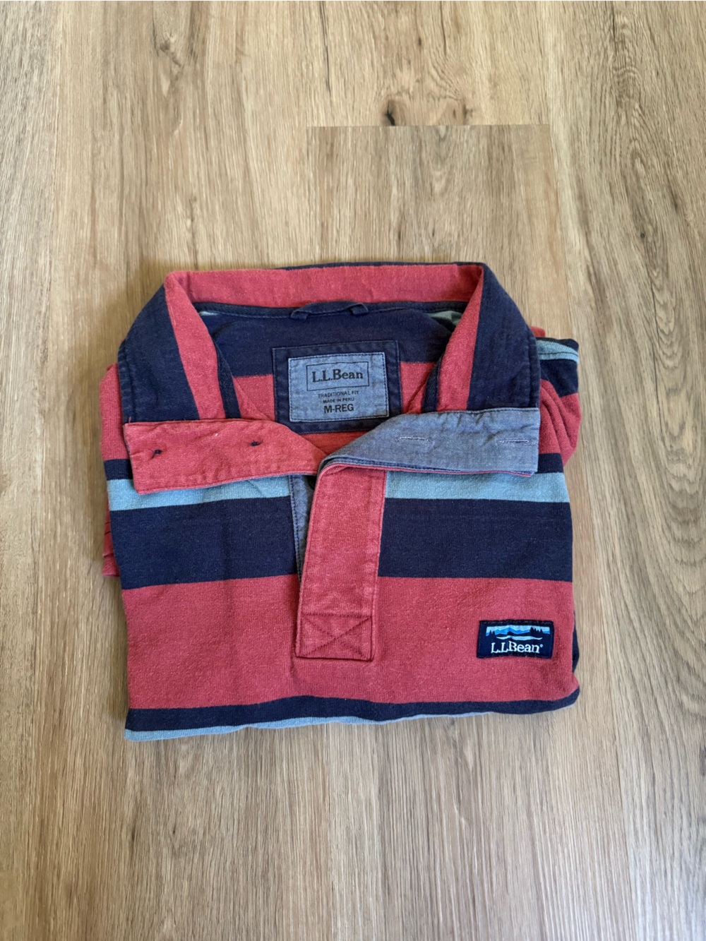 L.L. Bean Men’s Red and Navy Striped Rugby Long Sleeve Shirt